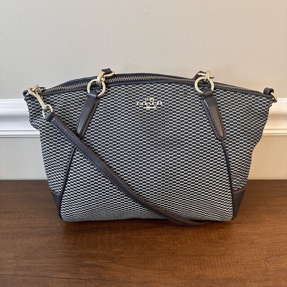 Coach Kelsey 2 Way Satchel Navy Checkered Jacquard Leather Trim Purse Shoulder